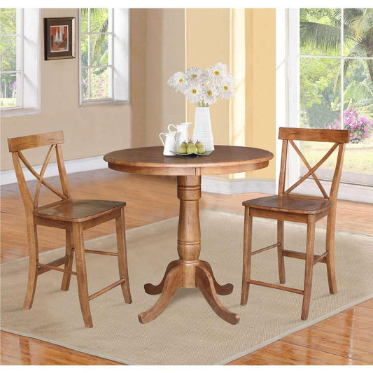 International Concepts (Set of 3 Pcs) - 36in Round Pedestal Gathering Height Table with 2 X-Back Counter Height Stools in Distressed Oak Finish - K42-36RT-6B-S6132-2 veiw 2