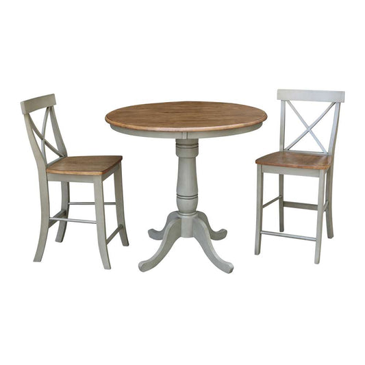 International Concepts (Set of 3 Pcs) - 36in Round Pedestal Gathering Height Table with 2 X-Back Counter Height Stools in Hickory/Stone Finish - K41-36RT-6B-S6132-2 veiw 1
