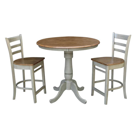International Concepts (Set of 3 Pcs) - 36in Round Pedestal Gathering Height Table with 2 Emily Counter Height Stools in Hickory/Stone Finish - K41-36RT-6B-S6172-2 veiw 1