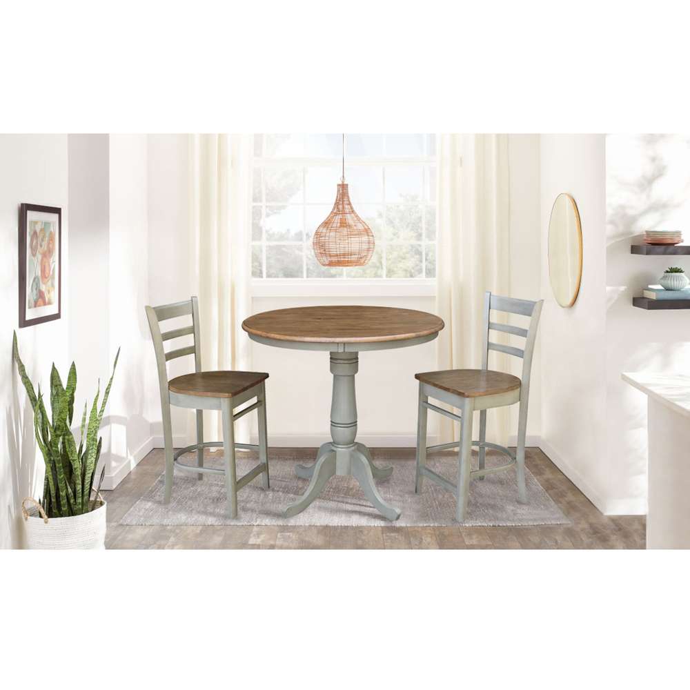International Concepts (Set of 3 Pcs) - 36in Round Pedestal Gathering Height Table with 2 Emily Counter Height Stools in Hickory/Stone Finish - K41-36RT-6B-S6172-2 veiw 2
