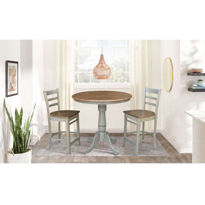 International Concepts (Set of 3 Pcs) - 36in Round Pedestal Gathering Height Table with 2 Emily Counter Height Stools in Hickory/Stone Finish - K41-36RT-6B-S6172-2 veiw 2