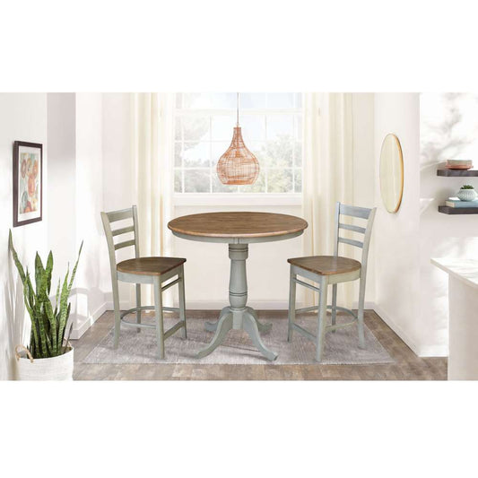 International Concepts (Set of 3 Pcs) - 36in Round Pedestal Gathering Height Table with 2 Emily Counter Height Stools in Hickory/Stone Finish - K41-36RT-6B-S6172-2 veiw 2