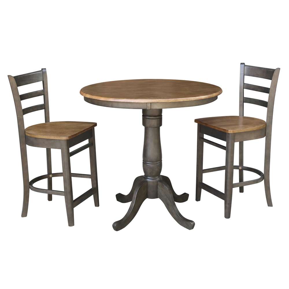 International Concepts (Set of 3 Pcs) - 36in Round Pedestal Gathering Height Table with 2 Emily Counter Height Stools in Hickory/Washed Coal Finish - K45-36RT-6B-S6172-2 veiw 1