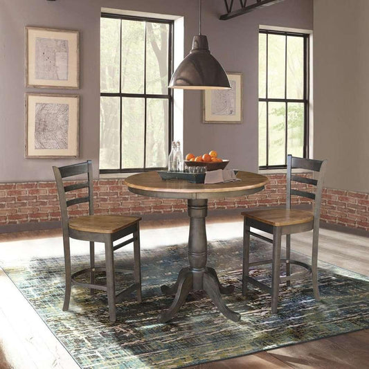 International Concepts (Set of 3 Pcs) - 36in Round Pedestal Gathering Height Table with 2 Emily Counter Height Stools in Hickory/Washed Coal Finish - K45-36RT-6B-S6172-2 veiw 2