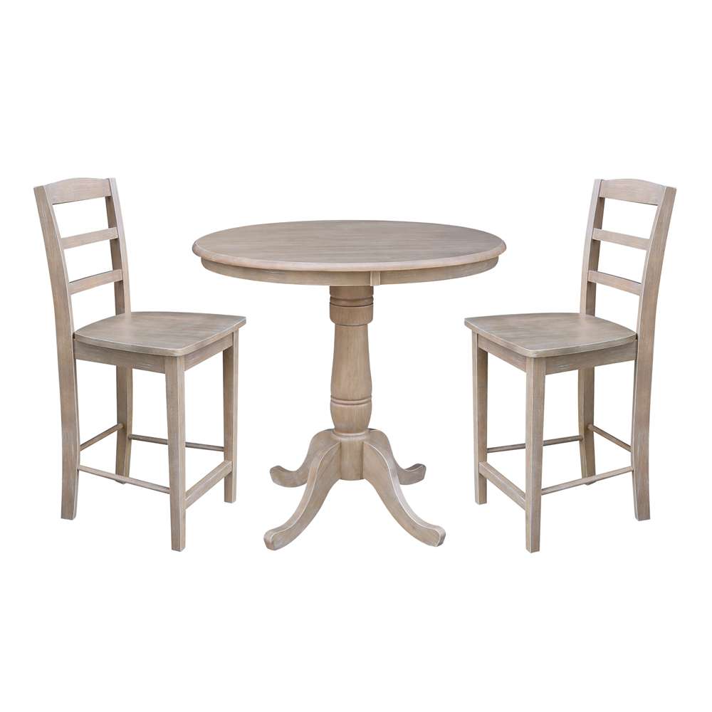 International Concepts (Set of 3 Pcs) - 36in Round Pedestal Gathering Height Table with 2 RTA Counter Height Stools in Washed Gray Taupe Finish - K09-36RT-6B-S402-2 veiw 1