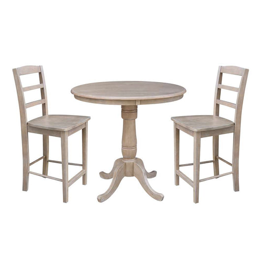 International Concepts (Set of 3 Pcs) - 36in Round Pedestal Gathering Height Table with 2 RTA Counter Height Stools in Washed Gray Taupe Finish - K09-36RT-6B-S402-2 veiw 1