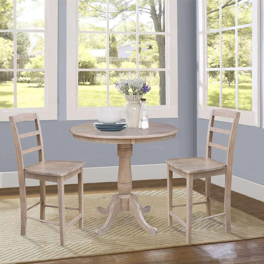 International Concepts (Set of 3 Pcs) - 36in Round Pedestal Gathering Height Table with 2 RTA Counter Height Stools in Washed Gray Taupe Finish - K09-36RT-6B-S402-2 veiw 2