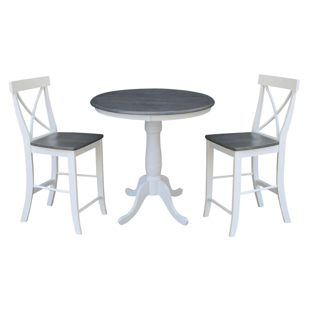 International Concepts (Set of 3 Pcs) - 36in Round Pedestal Gathering Height Table with 2 X-Back Counter Height Stools in White/Heather Gray Finish - K05-36RT-6B-S6132-2 veiw 1