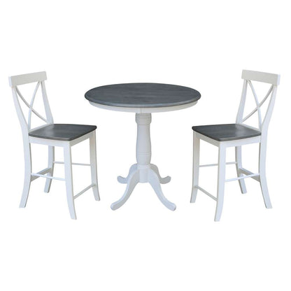 International Concepts (Set of 3 Pcs) - 36in Round Pedestal Gathering Height Table with 2 X-Back Counter Height Stools in White/Heather Gray Finish - K05-36RT-6B-S6132-2 veiw 1