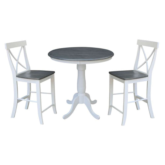 International Concepts (Set of 3 Pcs) - 36in Round Pedestal Gathering Height Table with 2 X-Back Counter Height Stools in White/Heather Gray Finish - K05-36RT-6B-S6132-2 veiw 1
