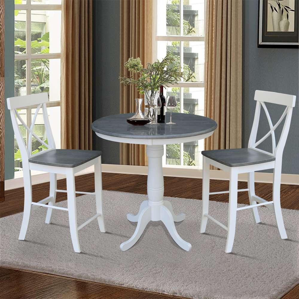 International Concepts (Set of 3 Pcs) - 36in Round Pedestal Gathering Height Table with 2 X-Back Counter Height Stools in White/Heather Gray Finish - K05-36RT-6B-S6132-2 veiw 2