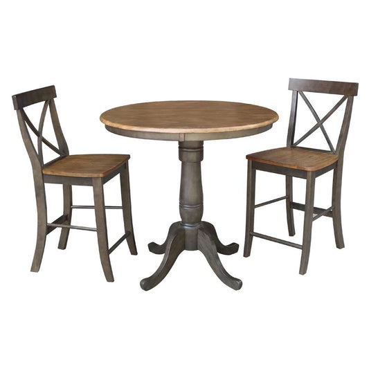 International Concepts (Set of 3 Pcs) - 36in Round Pedestal Gathering Height Table with 2 X-Back Counter Height Stools in Hickory/Washed Coal Finish - K45-36RT-6B-S6132-2 veiw 1