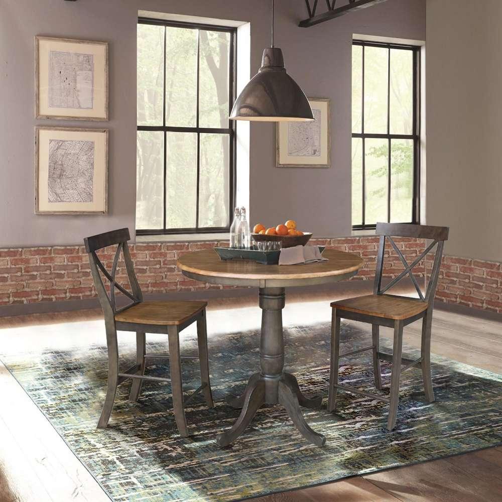 International Concepts (Set of 3 Pcs) - 36in Round Pedestal Gathering Height Table with 2 X-Back Counter Height Stools in Hickory/Washed Coal Finish - K45-36RT-6B-S6132-2 veiw 2