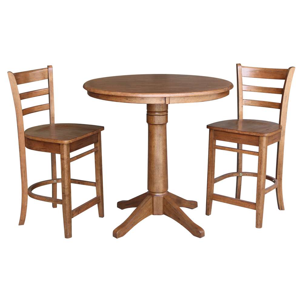 International Concepts (Set of 3 Pcs) - 36in Round Pedestal Gathering Height Table with 2 Emily Counter Height Stools in Distressed Oak Finish - K42-36RT-27B-S6172-2 veiw 1