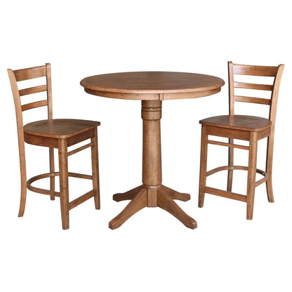 International Concepts (Set of 3 Pcs) - 36in Round Pedestal Gathering Height Table with 2 Emily Counter Height Stools in Distressed Oak Finish - K42-36RT-27B-S6172-2 veiw 1