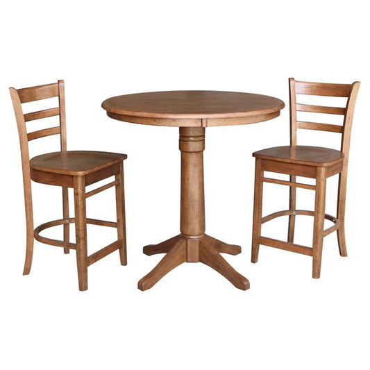 International Concepts (Set of 3 Pcs) - 36in Round Pedestal Gathering Height Table with 2 Emily Counter Height Stools in Distressed Oak Finish - K42-36RT-27B-S6172-2 veiw 1