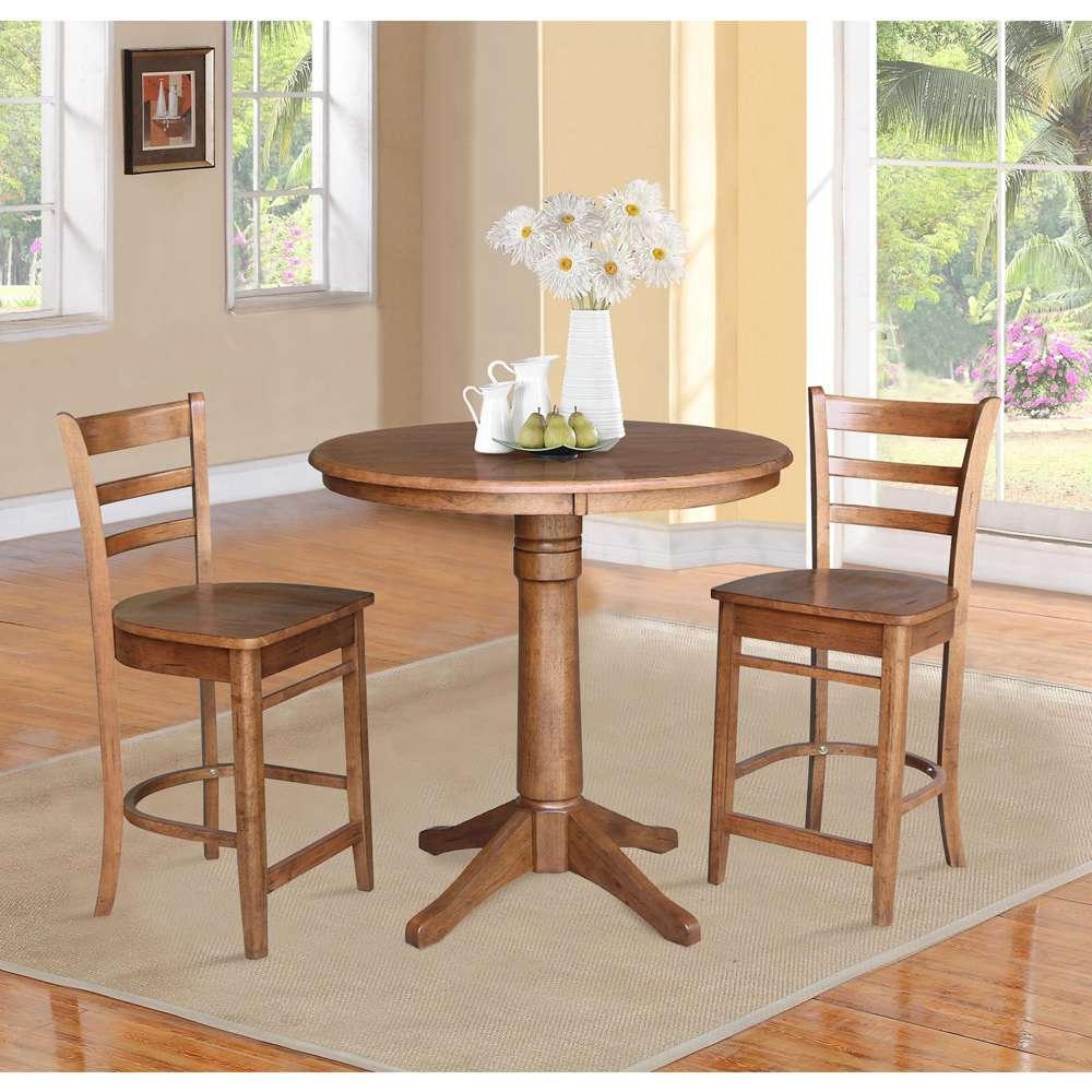 International Concepts (Set of 3 Pcs) - 36in Round Pedestal Gathering Height Table with 2 Emily Counter Height Stools in Distressed Oak Finish - K42-36RT-27B-S6172-2 veiw 2