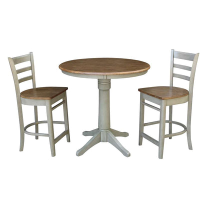 International Concepts (Set of 3 Pcs) - 36in Round Pedestal Gathering Height Table with 2 Emily Counter Height Stools in Hickory/Stone Finish - K41-36RT-27B-S6172-2 veiw 1