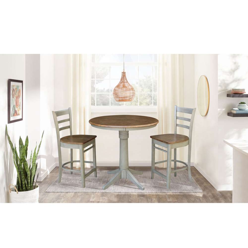 International Concepts (Set of 3 Pcs) - 36in Round Pedestal Gathering Height Table with 2 Emily Counter Height Stools in Hickory/Stone Finish - K41-36RT-27B-S6172-2 veiw 2