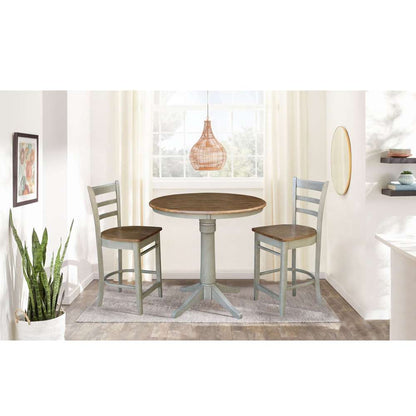 International Concepts (Set of 3 Pcs) - 36in Round Pedestal Gathering Height Table with 2 Emily Counter Height Stools in Hickory/Stone Finish - K41-36RT-27B-S6172-2 veiw 2