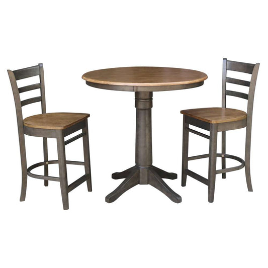 International Concepts (Set of 3 Pcs) - 36in Round Pedestal Gathering Height Table with 2 Emily Counter Height Stools in Hickory/Washed Coal Finish - K45-36RT-27B-S6172-2 veiw 1