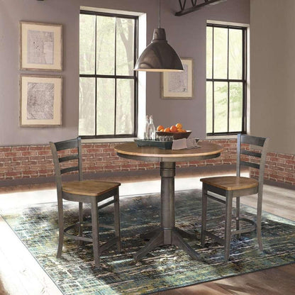 International Concepts (Set of 3 Pcs) - 36in Round Pedestal Gathering Height Table with 2 Emily Counter Height Stools in Hickory/Washed Coal Finish - K45-36RT-27B-S6172-2 veiw 2