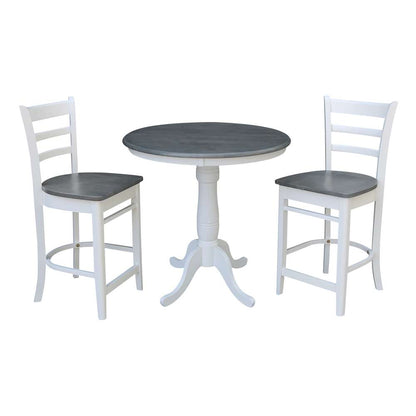 International Concepts (Set of 3 Pcs) - 36in Round Pedestal Gathering Height Table with 2 Emily Counter Height Stools in White/Heather Gray Finish - K05-36RT-6B-S6172-2 veiw 1