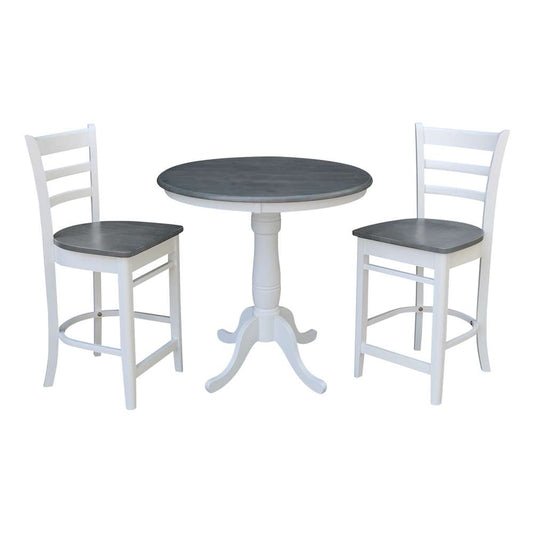 International Concepts (Set of 3 Pcs) - 36in Round Pedestal Gathering Height Table with 2 Emily Counter Height Stools in White/Heather Gray Finish - K05-36RT-6B-S6172-2 veiw 1