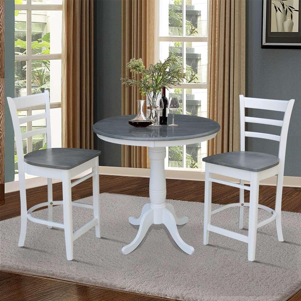 International Concepts (Set of 3 Pcs) - 36in Round Pedestal Gathering Height Table with 2 Emily Counter Height Stools in White/Heather Gray Finish - K05-36RT-6B-S6172-2 veiw 2