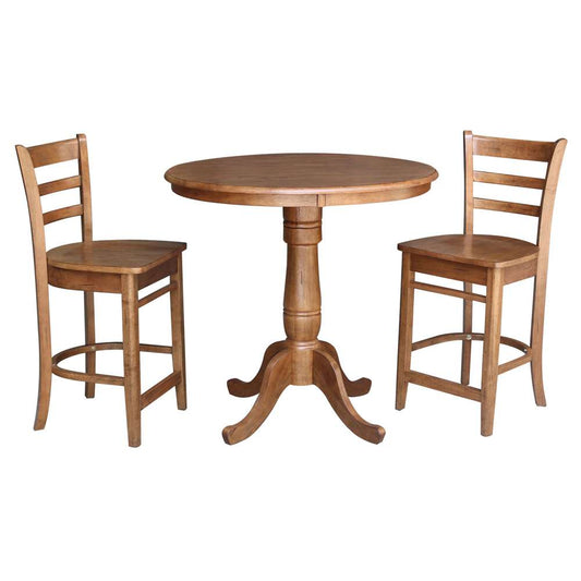 International Concepts (Set of 3 Pcs) - 36in Round Pedestal Gathering Height Table with 2 Emily Counter Height Stools in Distressed Oak Finish - K42-36RT-6B-S6172-2 veiw 1