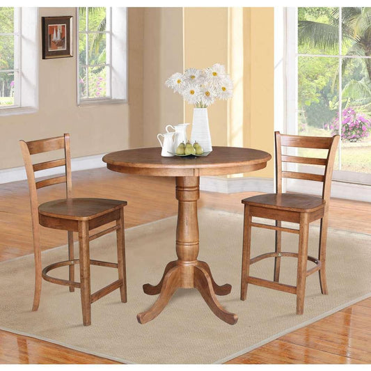 International Concepts (Set of 3 Pcs) - 36in Round Pedestal Gathering Height Table with 2 Emily Counter Height Stools in Distressed Oak Finish - K42-36RT-6B-S6172-2 veiw 2