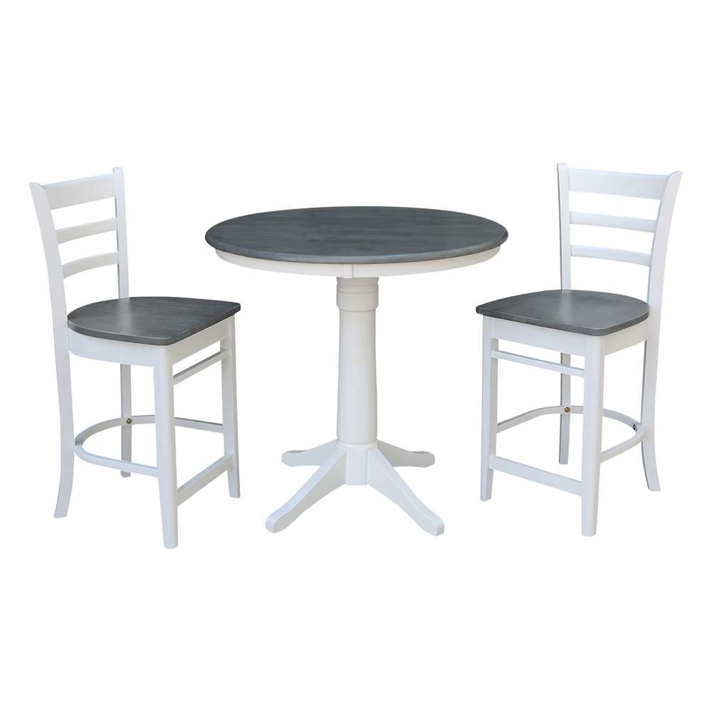 International Concepts (Set of 3 Pcs) - 36in Round Pedestal Gathering Height Table with 2 Emily Counter Height Stools in White/Heather Gray Finish - K05-36RT-27B-S6172-2 veiw 1