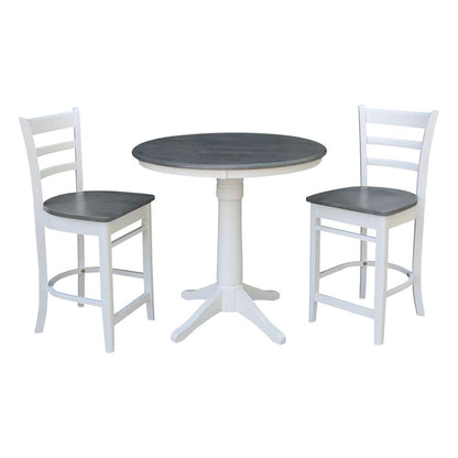 International Concepts (Set of 3 Pcs) - 36in Round Pedestal Gathering Height Table with 2 Emily Counter Height Stools in White/Heather Gray Finish - K05-36RT-27B-S6172-2 veiw 1