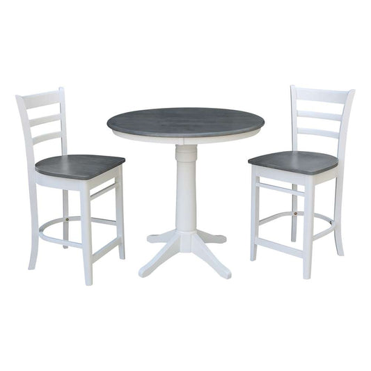 International Concepts (Set of 3 Pcs) - 36in Round Pedestal Gathering Height Table with 2 Emily Counter Height Stools in White/Heather Gray Finish - K05-36RT-27B-S6172-2 veiw 1