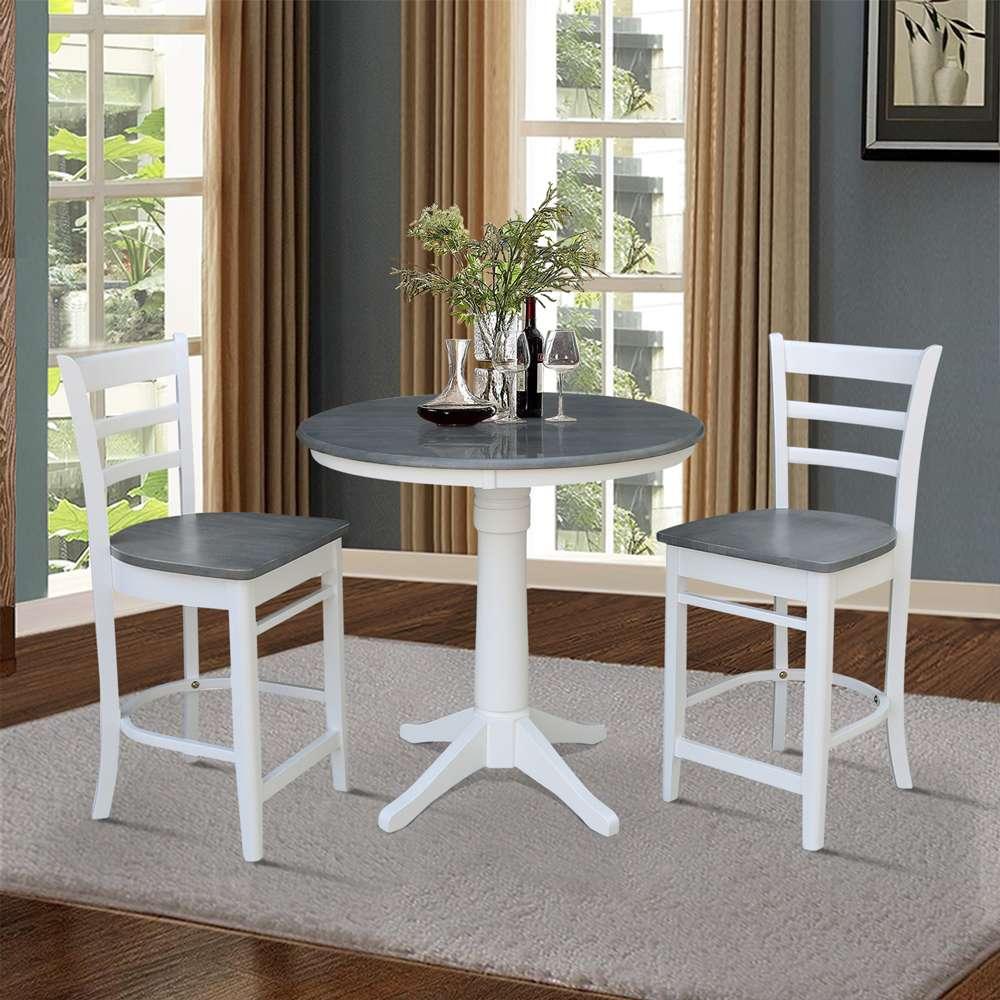 International Concepts (Set of 3 Pcs) - 36in Round Pedestal Gathering Height Table with 2 Emily Counter Height Stools in White/Heather Gray Finish - K05-36RT-27B-S6172-2 veiw 2