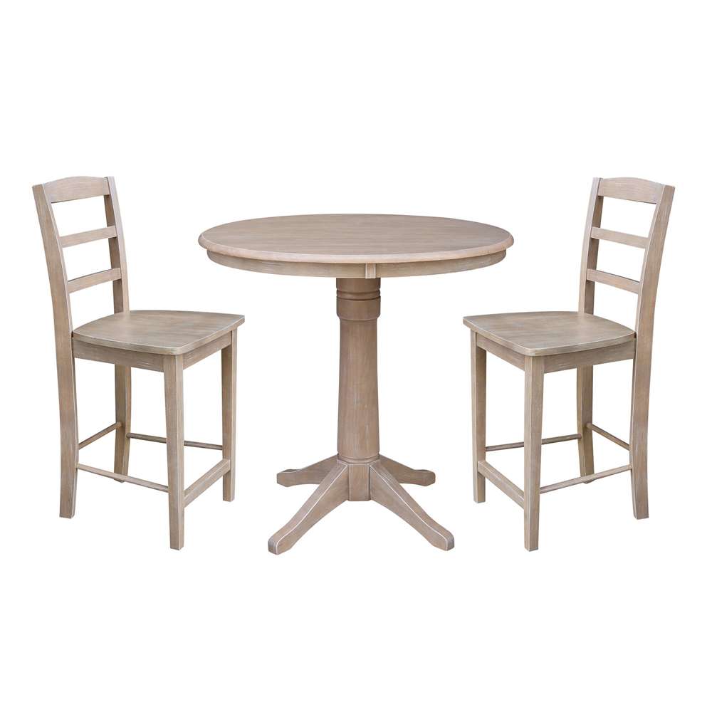 International Concepts (Set of 3 Pcs) - 36in Round Pedestal Gathering Height Table with 2 Madrid Counter Height Stools in Washed Gray Taupe Finish - K09-36RT-27B-6B-S402-2 veiw 1
