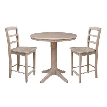 International Concepts (Set of 3 Pcs) - 36in Round Pedestal Gathering Height Table with 2 Madrid Counter Height Stools in Washed Gray Taupe Finish - K09-36RT-27B-6B-S402-2 veiw 1