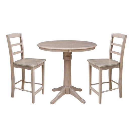 International Concepts (Set of 3 Pcs) - 36in Round Pedestal Gathering Height Table with 2 Madrid Counter Height Stools in Washed Gray Taupe Finish - K09-36RT-27B-6B-S402-2 veiw 1
