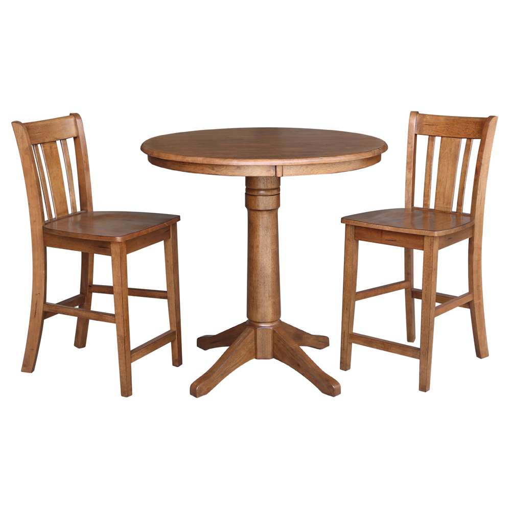 International Concepts (Set of 3 Pcs) - 36in Round Pedestal Gathering Height Table with 2 San Remo Counter Height Stools in Distressed Oak Finish - K42-36RT-27B-S102-2 veiw 1