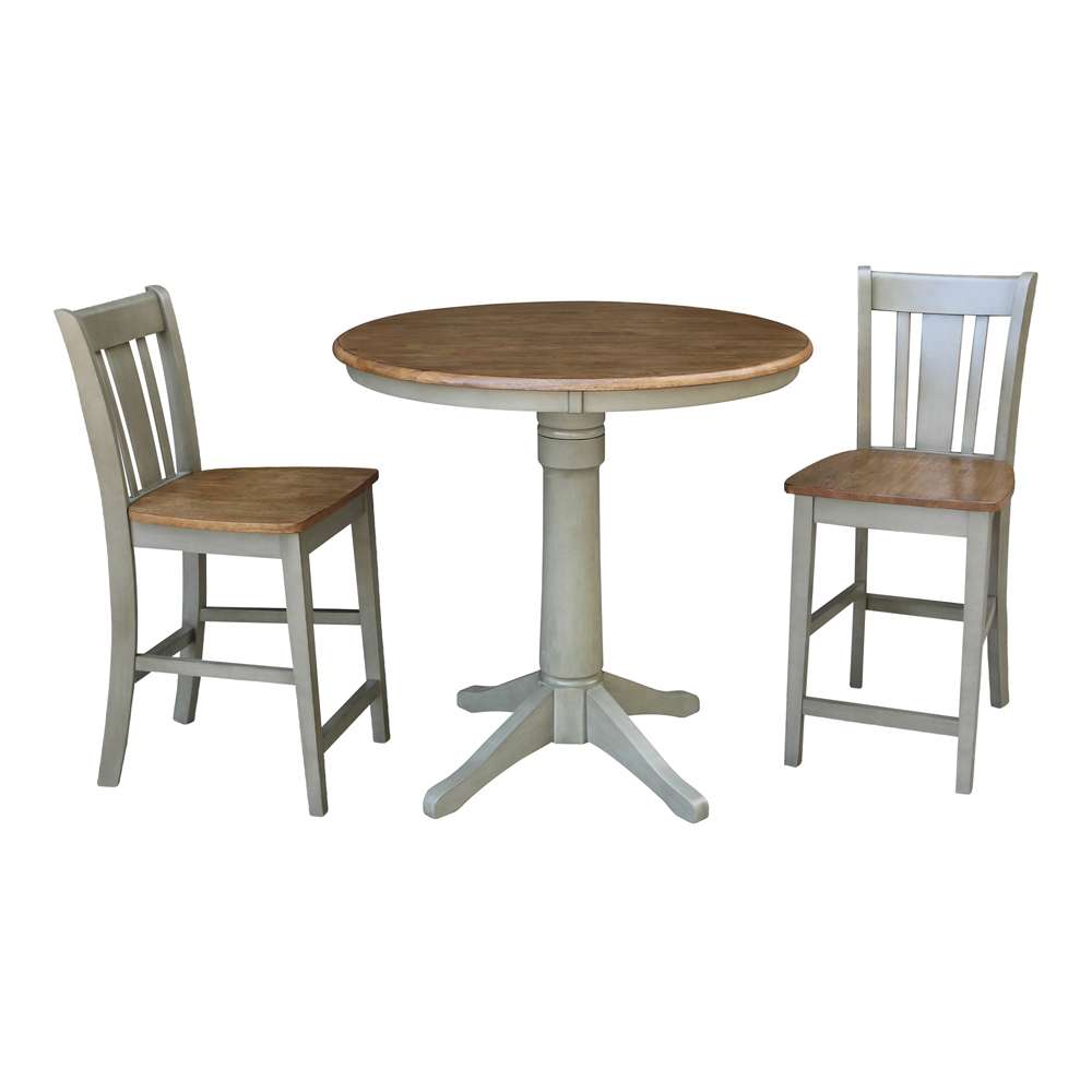 International Concepts (Set of 3 Pcs) - 36in Round Pedestal Gathering Height Table with 2 San Remo Counter Height Stools in Hickory/Stone Finish - K41-36RT-27B-S102-2 veiw 1