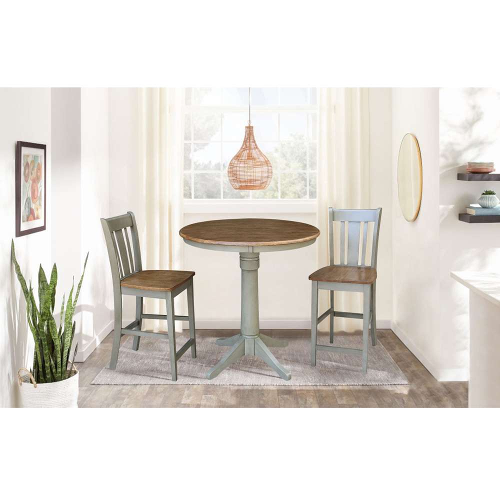 International Concepts (Set of 3 Pcs) - 36in Round Pedestal Gathering Height Table with 2 San Remo Counter Height Stools in Hickory/Stone Finish - K41-36RT-27B-S102-2 veiw 2