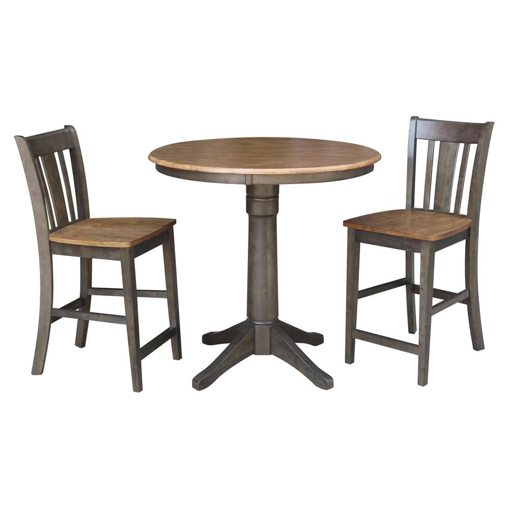 International Concepts (Set of 3 Pcs) - 36in Round Pedestal Gathering Height Table with 2 San Remo Counter Height Stools in Hickory/Washed Coal Finish - K45-36RT-27B-S102-2 veiw 1