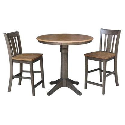International Concepts (Set of 3 Pcs) - 36in Round Pedestal Gathering Height Table with 2 San Remo Counter Height Stools in Hickory/Washed Coal Finish - K45-36RT-27B-S102-2 veiw 1