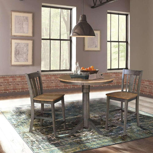 International Concepts (Set of 3 Pcs) - 36in Round Pedestal Gathering Height Table with 2 San Remo Counter Height Stools in Hickory/Washed Coal Finish - K45-36RT-27B-S102-2 veiw 2