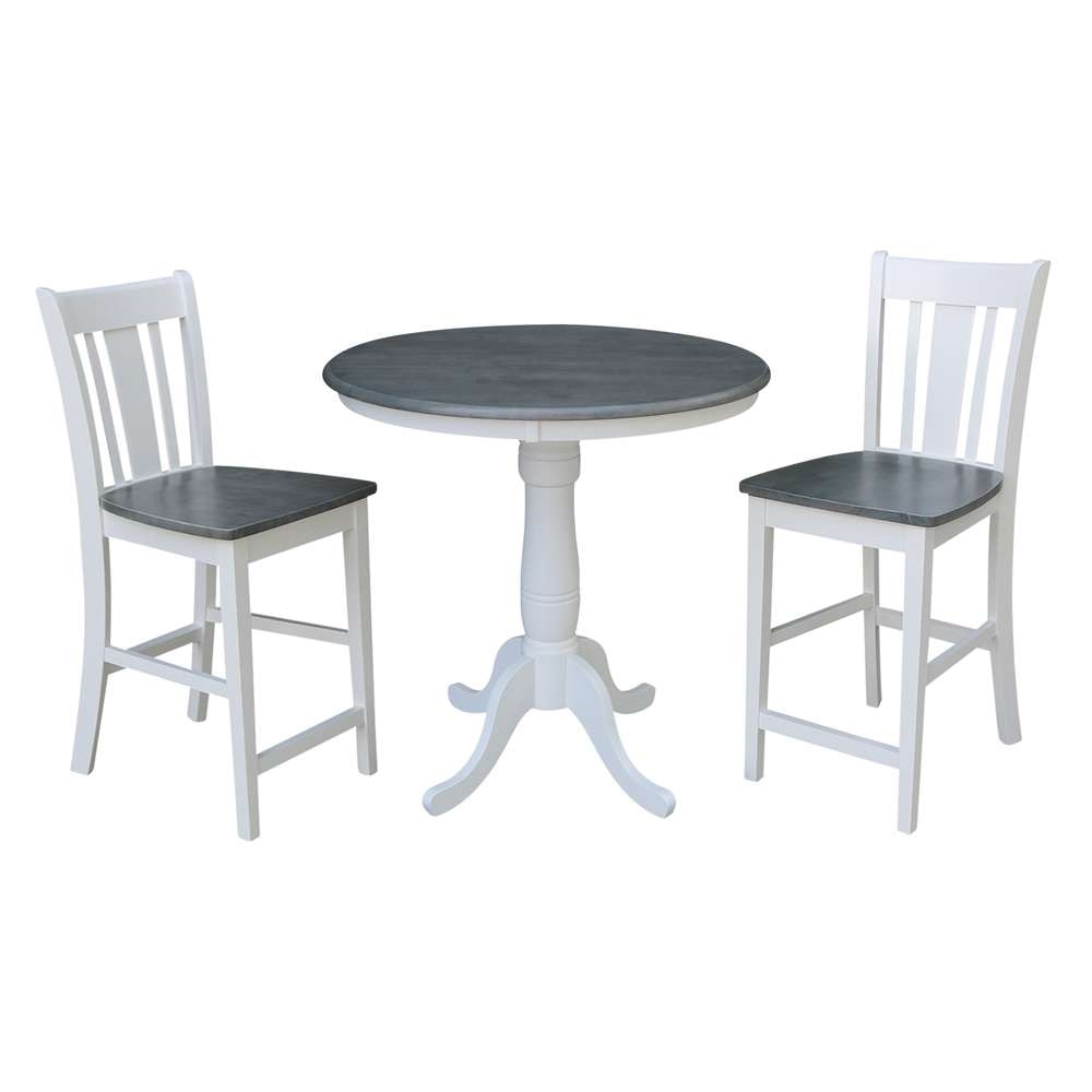 International Concepts (Set of 3 Pcs) - 36in Round Pedestal Gathering Height Table with 2 San Remo Counter Height Stools in White/Heather Gray Finish - K05-36RT-6B-S102-2 veiw 1