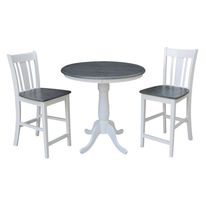 International Concepts (Set of 3 Pcs) - 36in Round Pedestal Gathering Height Table with 2 San Remo Counter Height Stools in White/Heather Gray Finish - K05-36RT-6B-S102-2 veiw 1