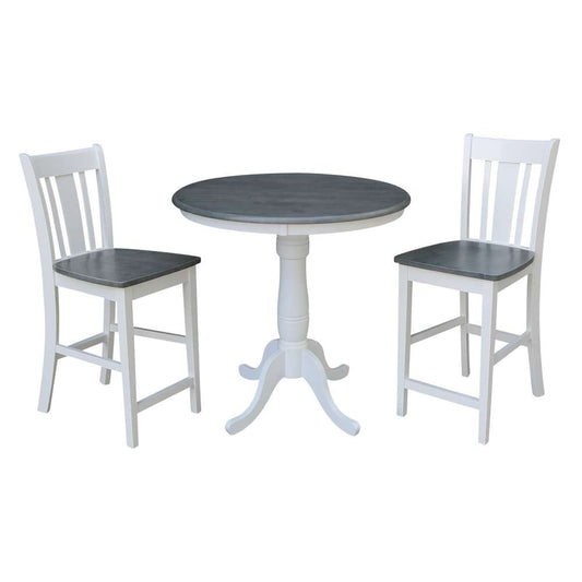 International Concepts (Set of 3 Pcs) - 36in Round Pedestal Gathering Height Table with 2 San Remo Counter Height Stools in White/Heather Gray Finish - K05-36RT-6B-S102-2 veiw 1