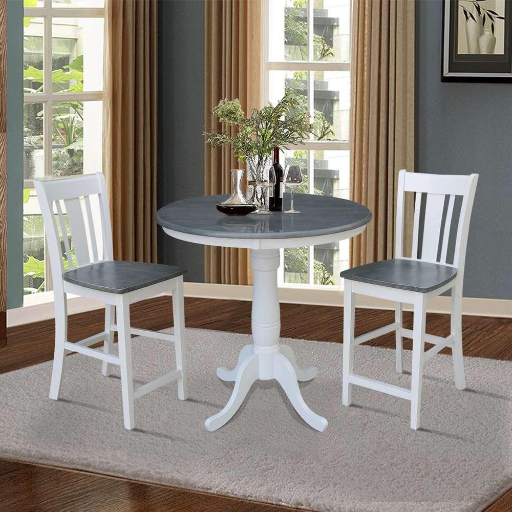 International Concepts (Set of 3 Pcs) - 36in Round Pedestal Gathering Height Table with 2 San Remo Counter Height Stools in White/Heather Gray Finish - K05-36RT-6B-S102-2 veiw 2