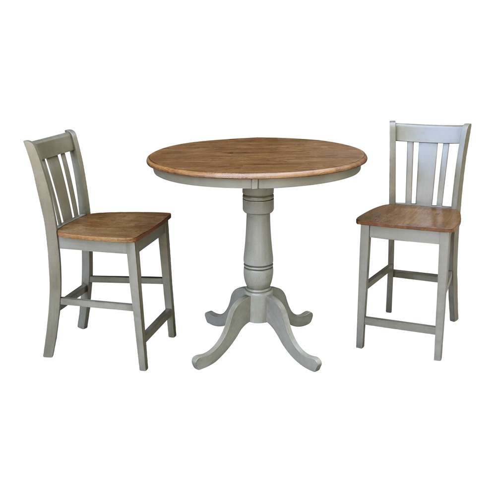 International Concepts (Set of 3 Pcs) - 36in Round Pedestal Gathering Height Table with 2 San Remo Counter Height Stools in Hickory/Stone Finish - K41-36RT-6B-S102-2 veiw 1