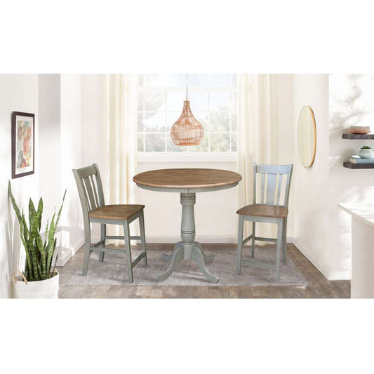International Concepts (Set of 3 Pcs) - 36in Round Pedestal Gathering Height Table with 2 San Remo Counter Height Stools in Hickory/Stone Finish - K41-36RT-6B-S102-2 veiw 2